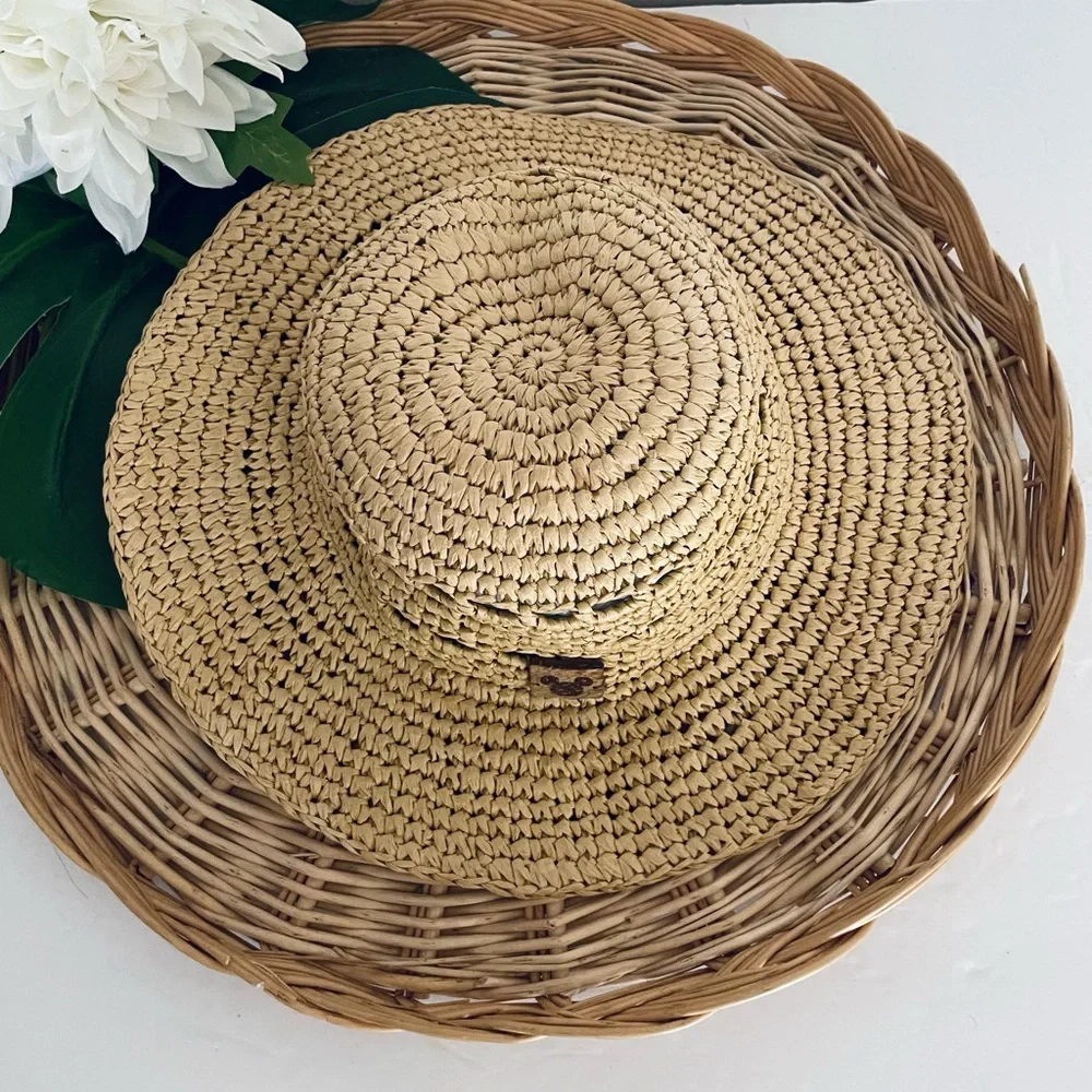 Disney Parks Mickey Mouse Woven Straw Floppy Hat Carved Wood Mickey Mouse summer